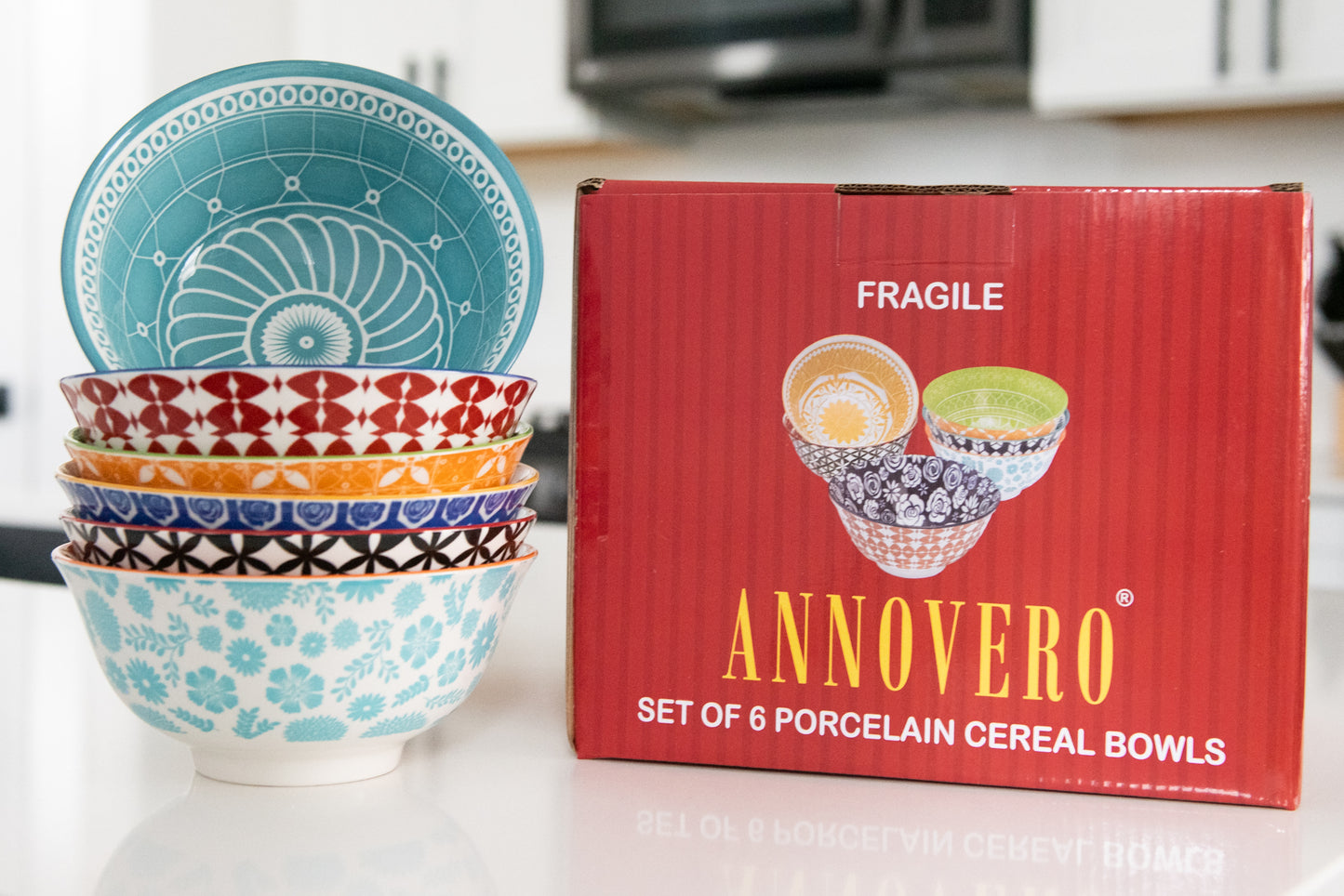 Annovero Colorful Cereal/Breakfast Bowls, 6.25 Inch Diameter, Set of 6