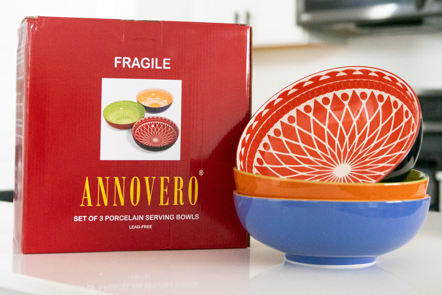 Annovero Colorful Serving Bowls, 9.5 Inch Diameter, Set of 3