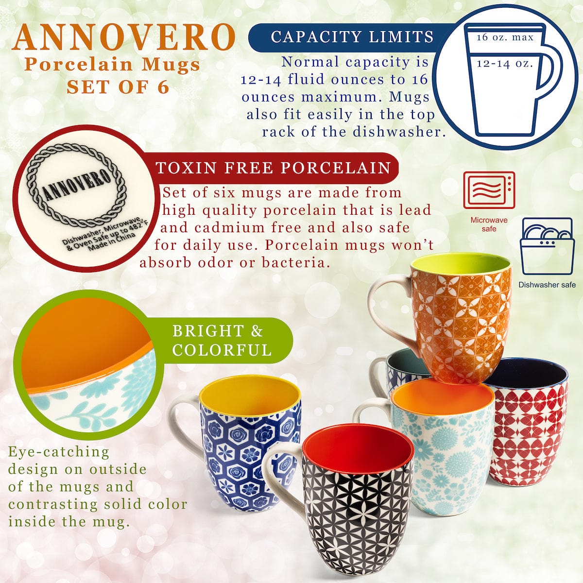 annovero coffee mugs/cups, set of 6