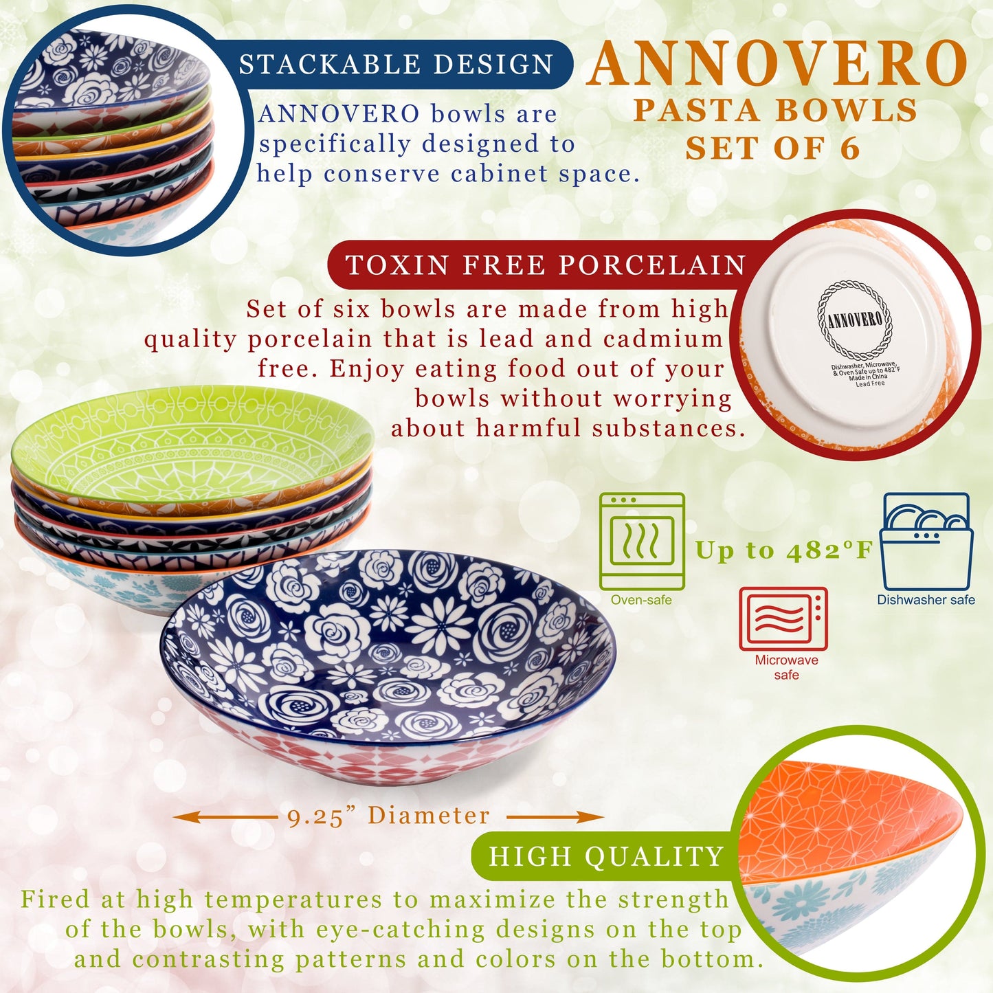 annovero pasta/soup bowls, set of 6 porcelain bowls, 9.25 inch diameter, 42 fluid ounce (5.25 cup) capacity